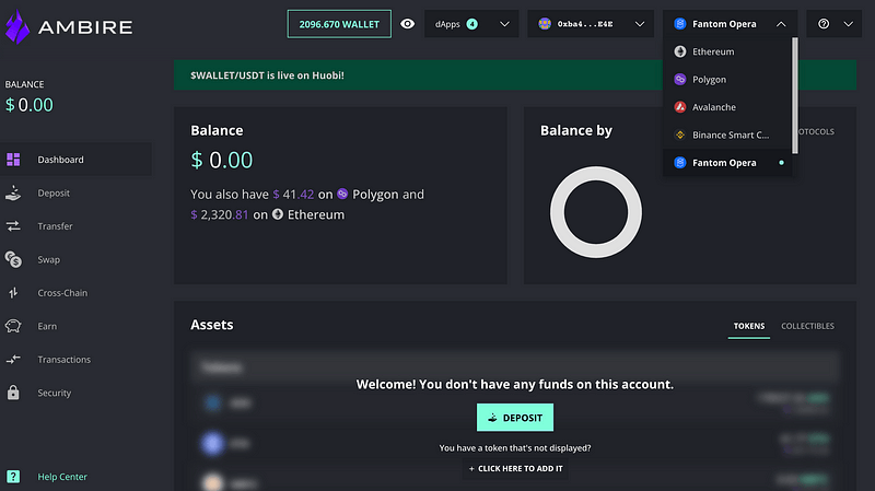 A screenshot of the Ambire Wallet dashboard and the network picker open