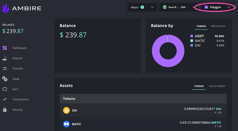 A screenshot of the Ambire Wallet dashboard