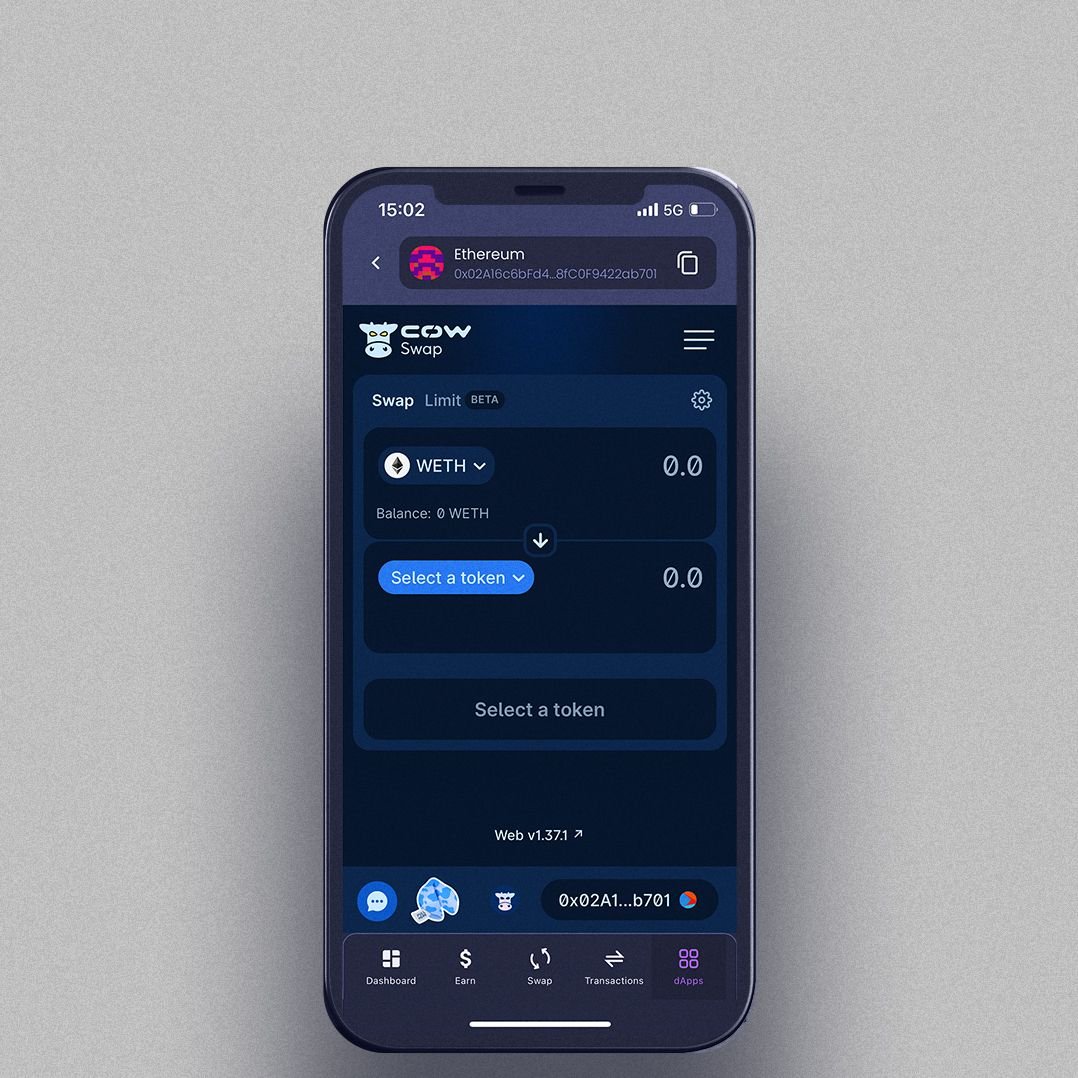 On this screen you can see the CowSwap dapp loaded directly in the Ambire dapp browser