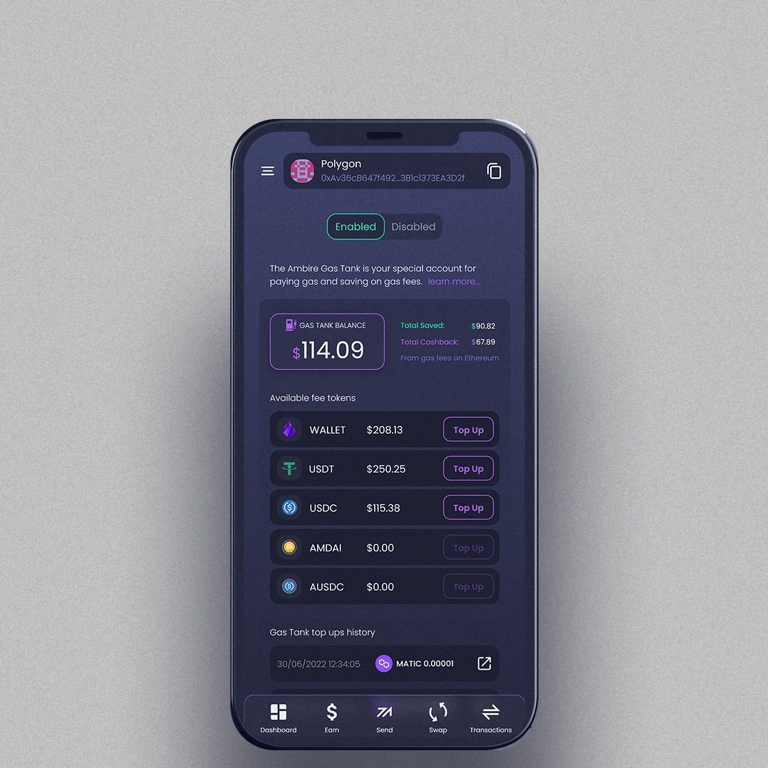 The Gas Tank feature in Ambire Wallet on mobile