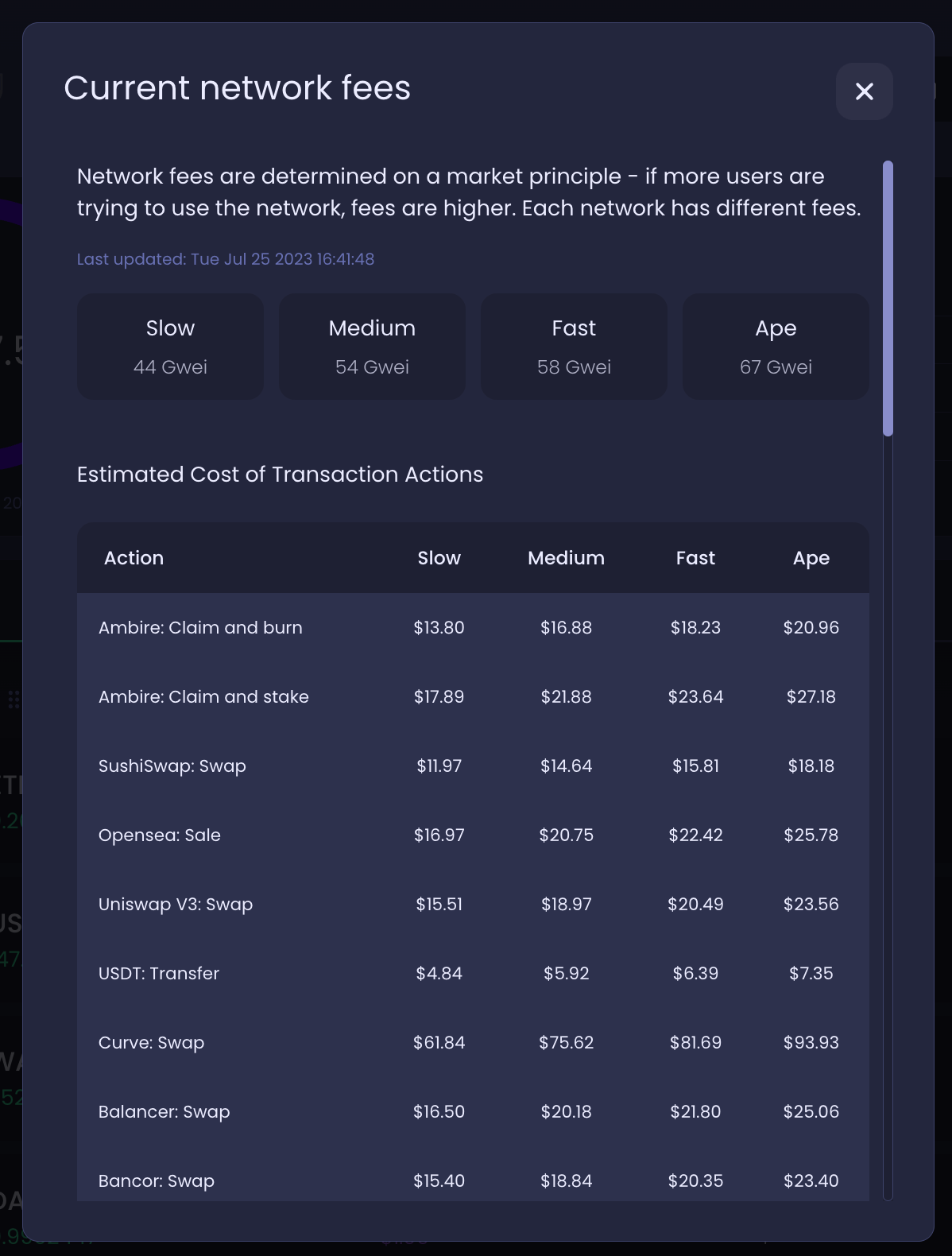 A modal with network fees estimation