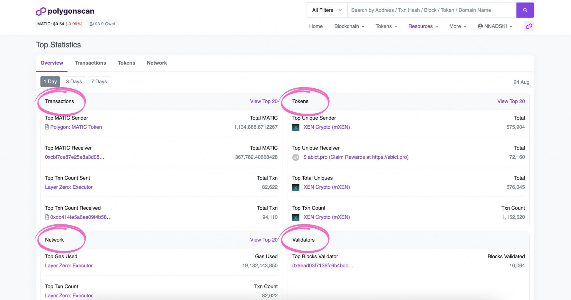 Top Statistics page on Polygonscan