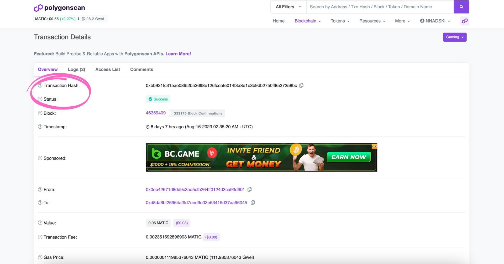 Example of a transaction details page on Polygonscan