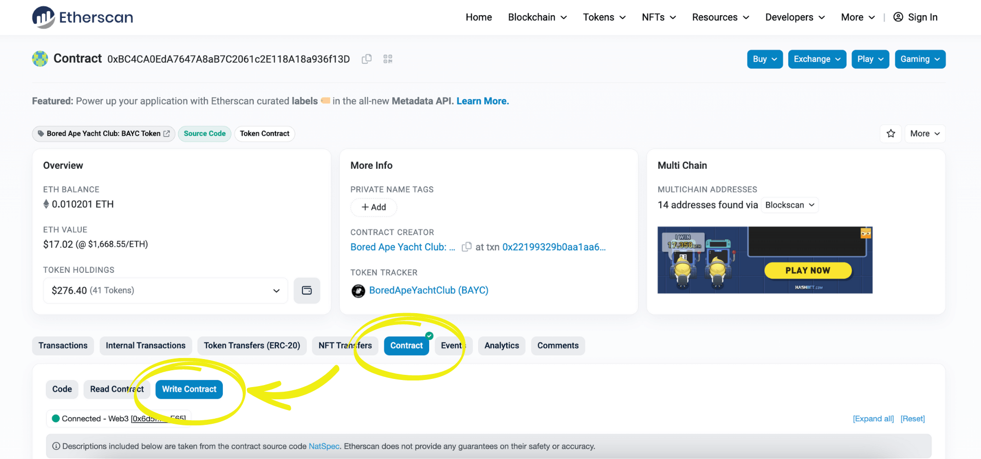 'Write Contract' under the 'Contract' tab on Etherscan