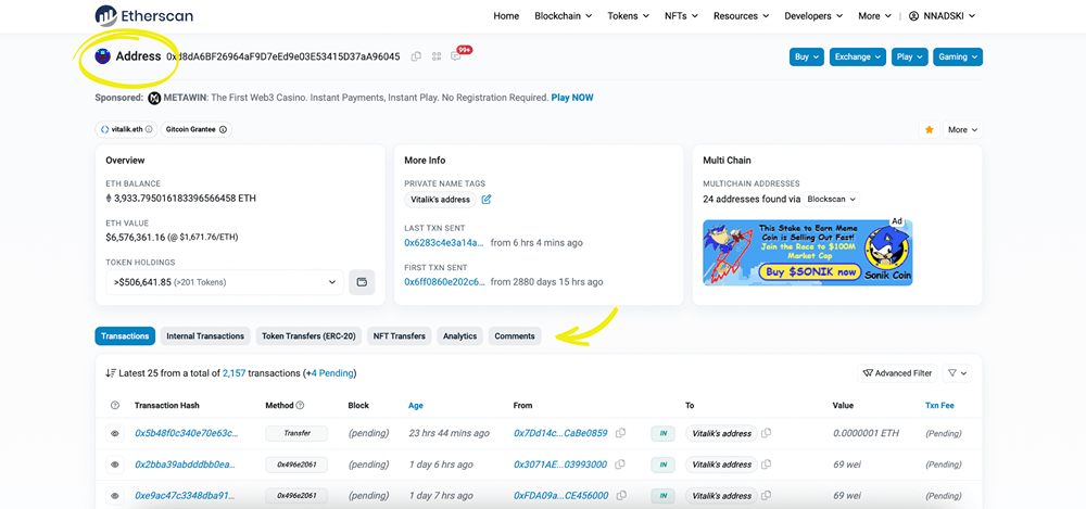 Example of an address page on Etherscan