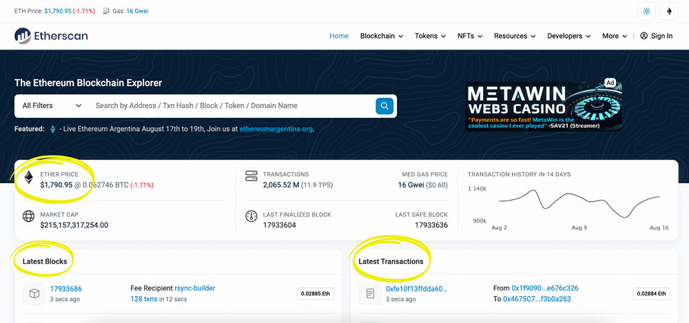 Etherscan's homepage