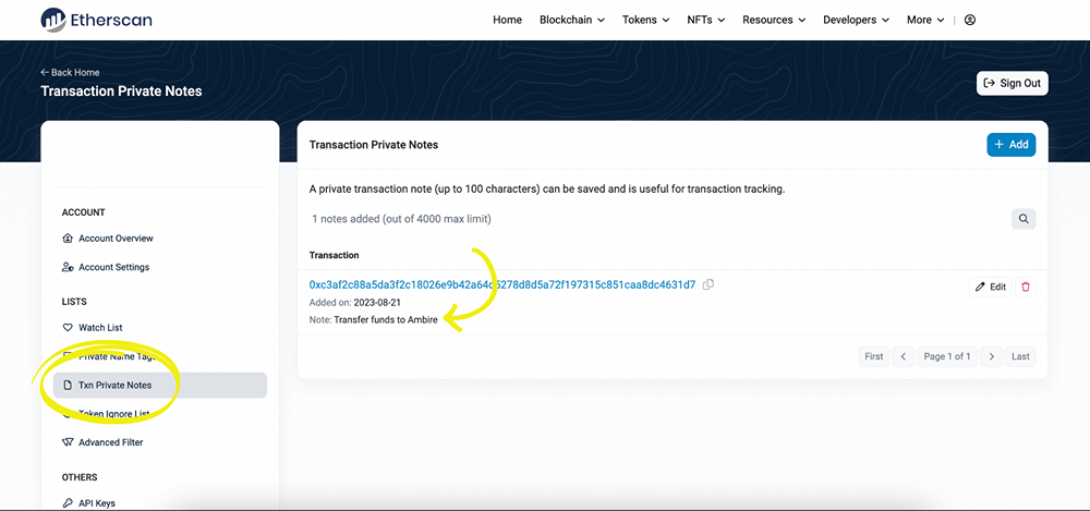 Transaction Private Notes section in Etherscan's account