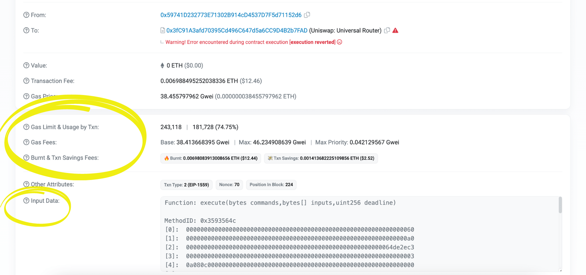 Example of transaction gas details information on Etherscan