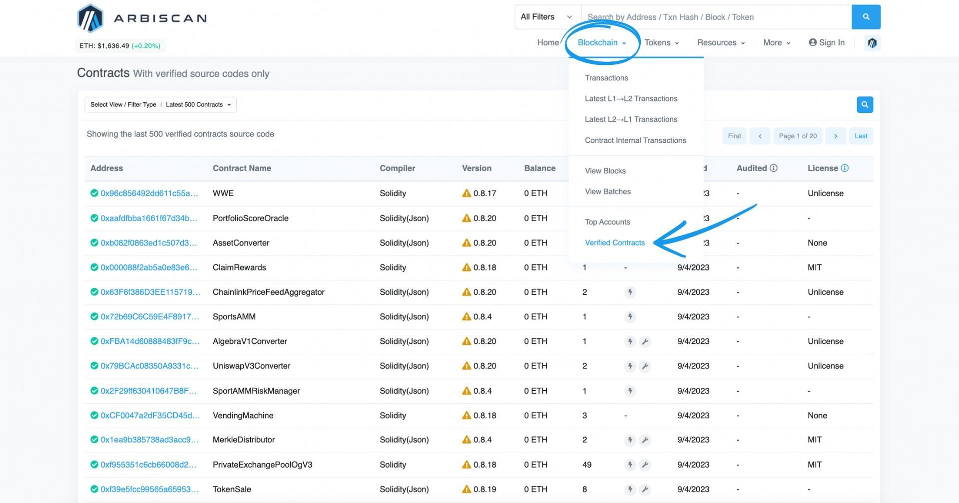 The Verified Contracts page on Arbiscan