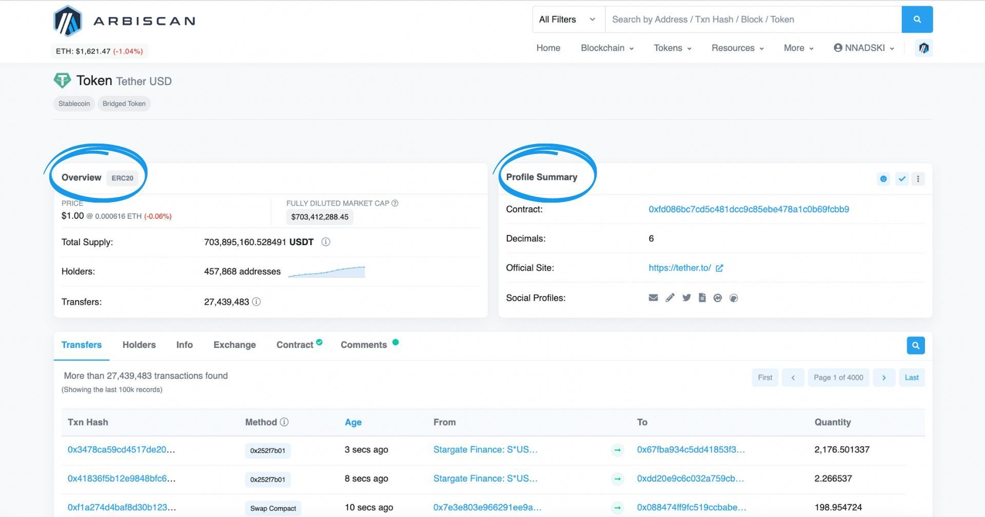 Tether's (USDT) token page on Arbiscan