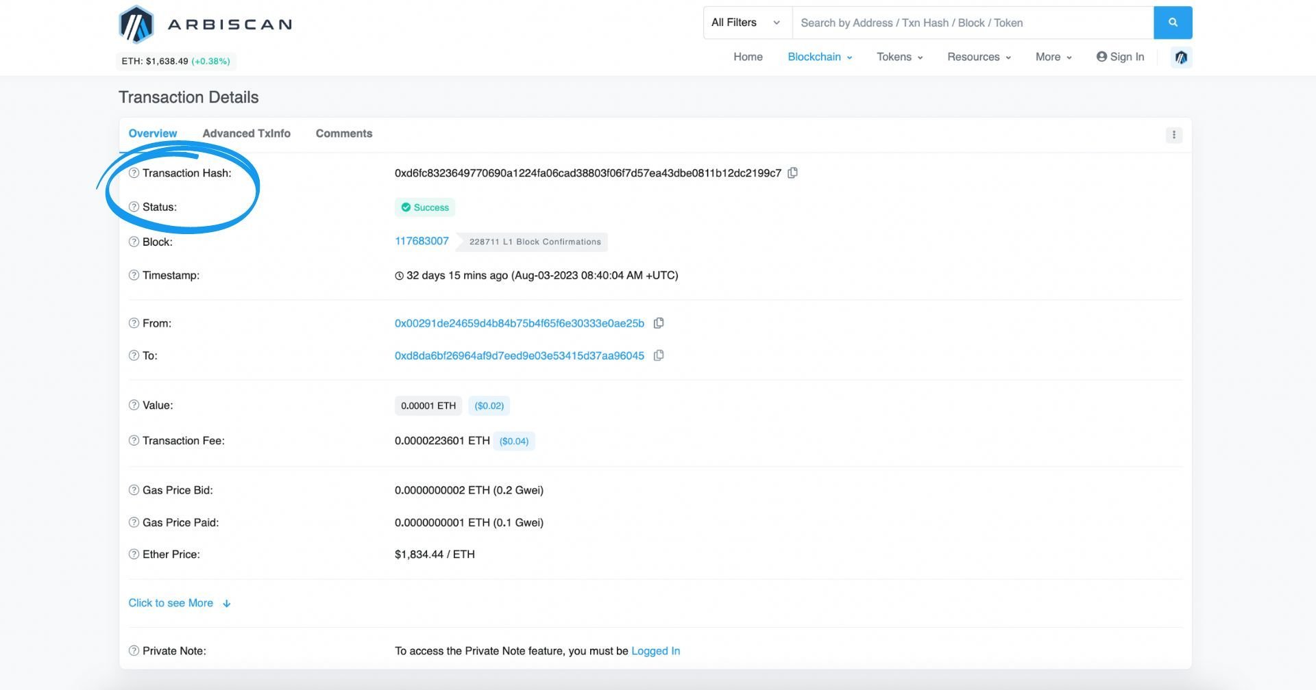 A transaction overview page on Arbiscan