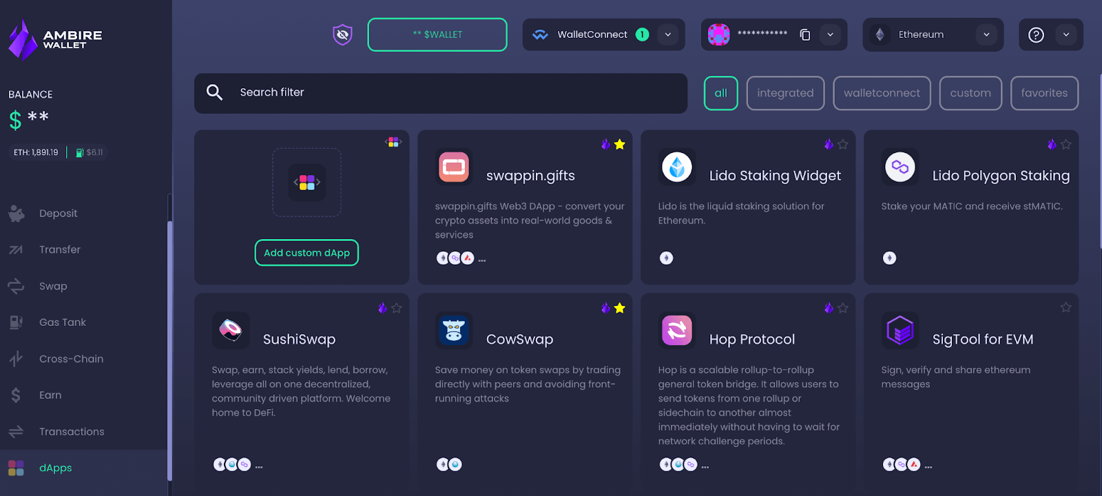 dApp catalog built-in Ambire Wallet