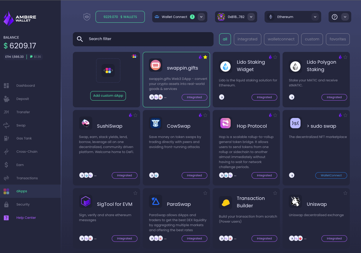 Ambire's dapp catalog with swappin.gifts integrated