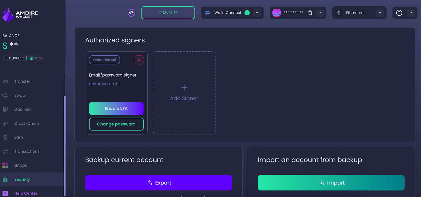 Ambire Wallet's security dashboard