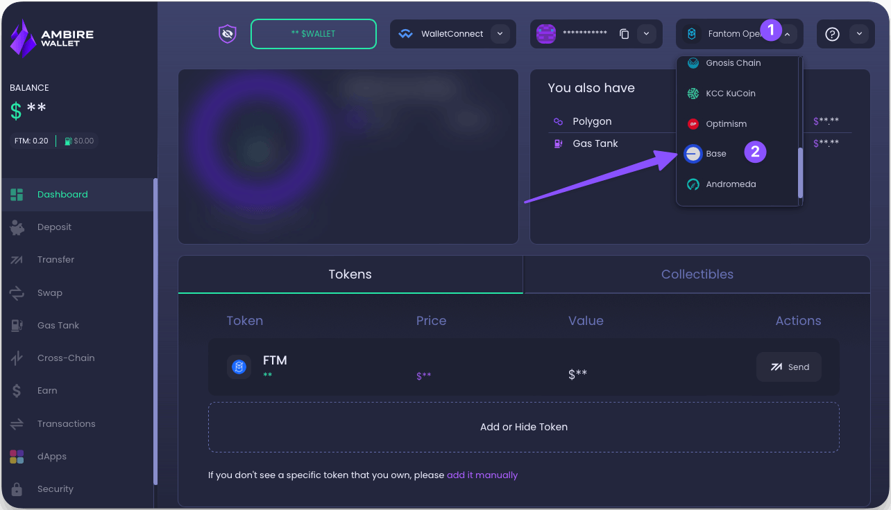 Ambire Wallet network selector with Base chain available