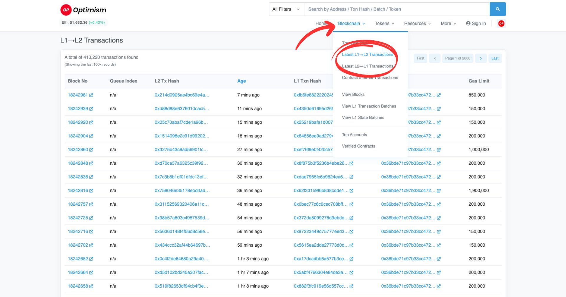 L1 to L2 Transaction page on Optimistic Etherscan