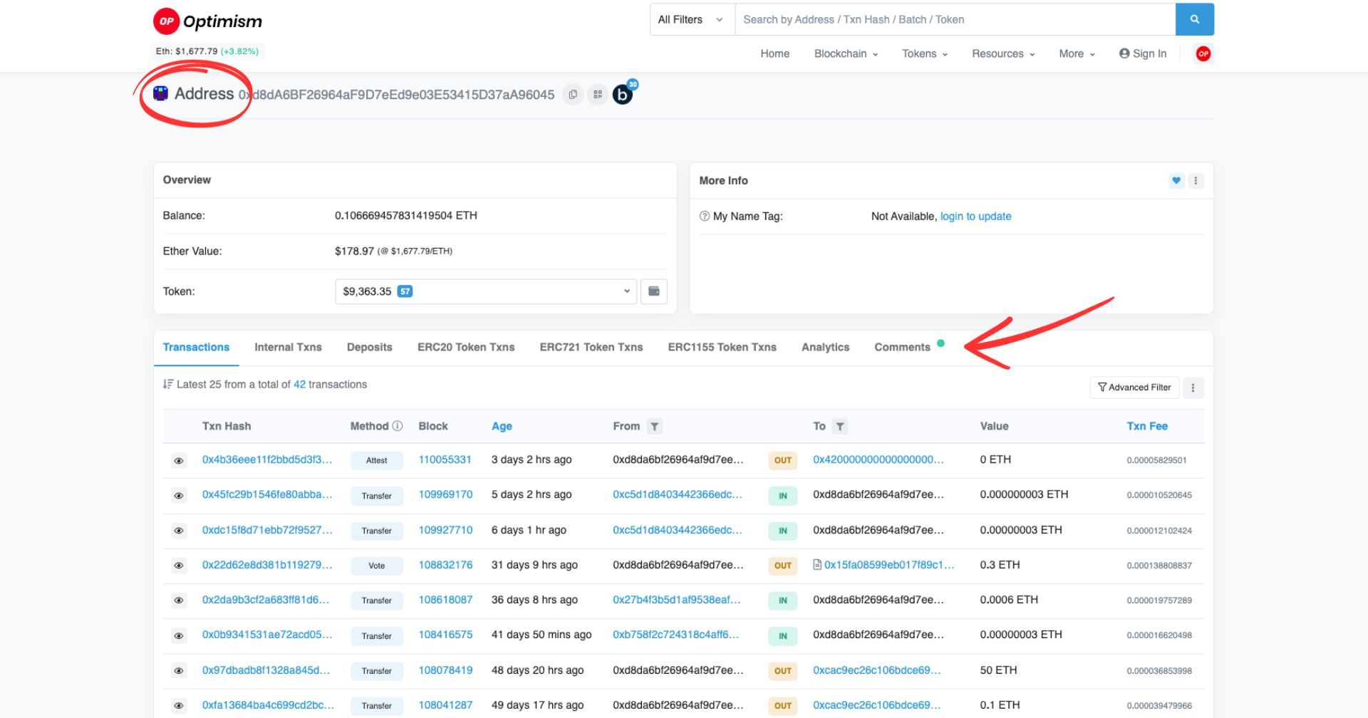 An example address page on Optimistic Explorer showing the lastest transactions