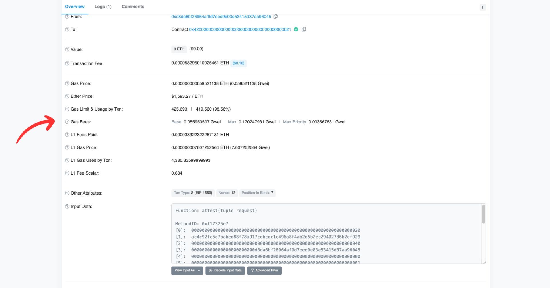 Gas details on a transaction page on Optimistic Etherscan