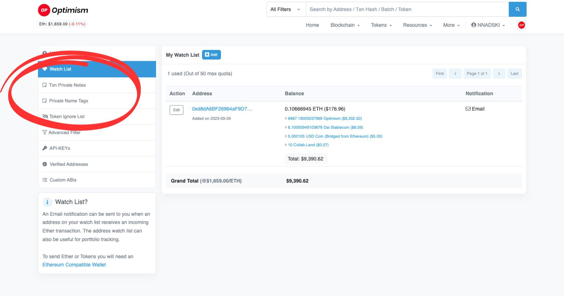 The Watch List page on Optimistic Etherscan