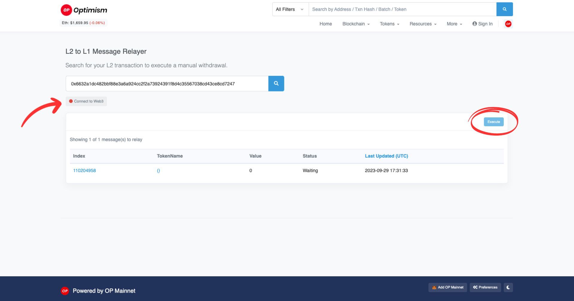 L2 to L1 Message Relayer page on Optimistic Etherscan