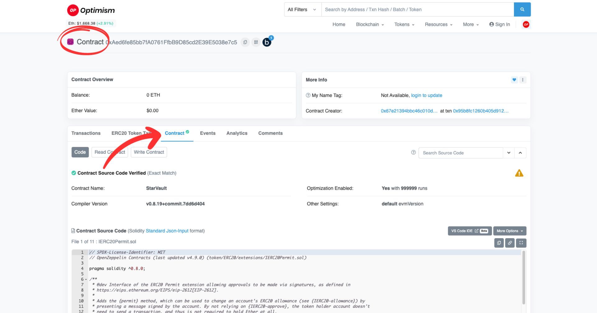 A contract page on Optimistic Etherscan