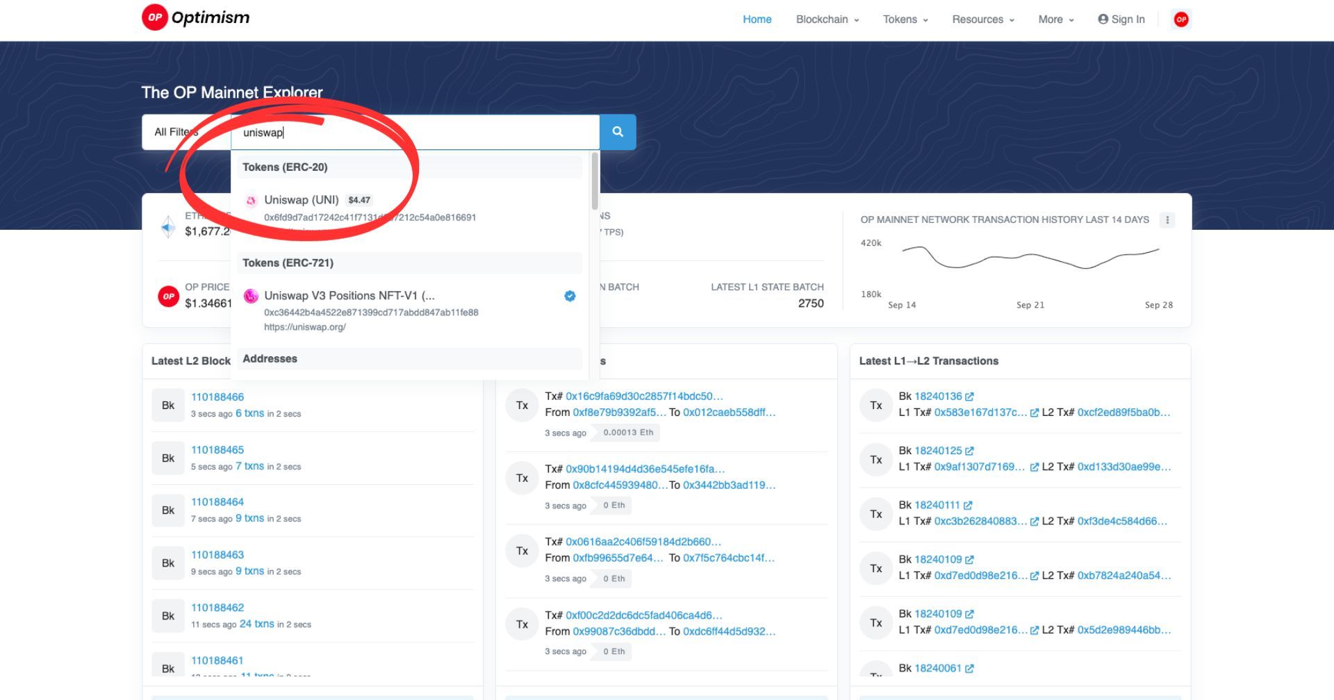 Searching for Uniswap token page in the Optimistc Eterscan's search bar