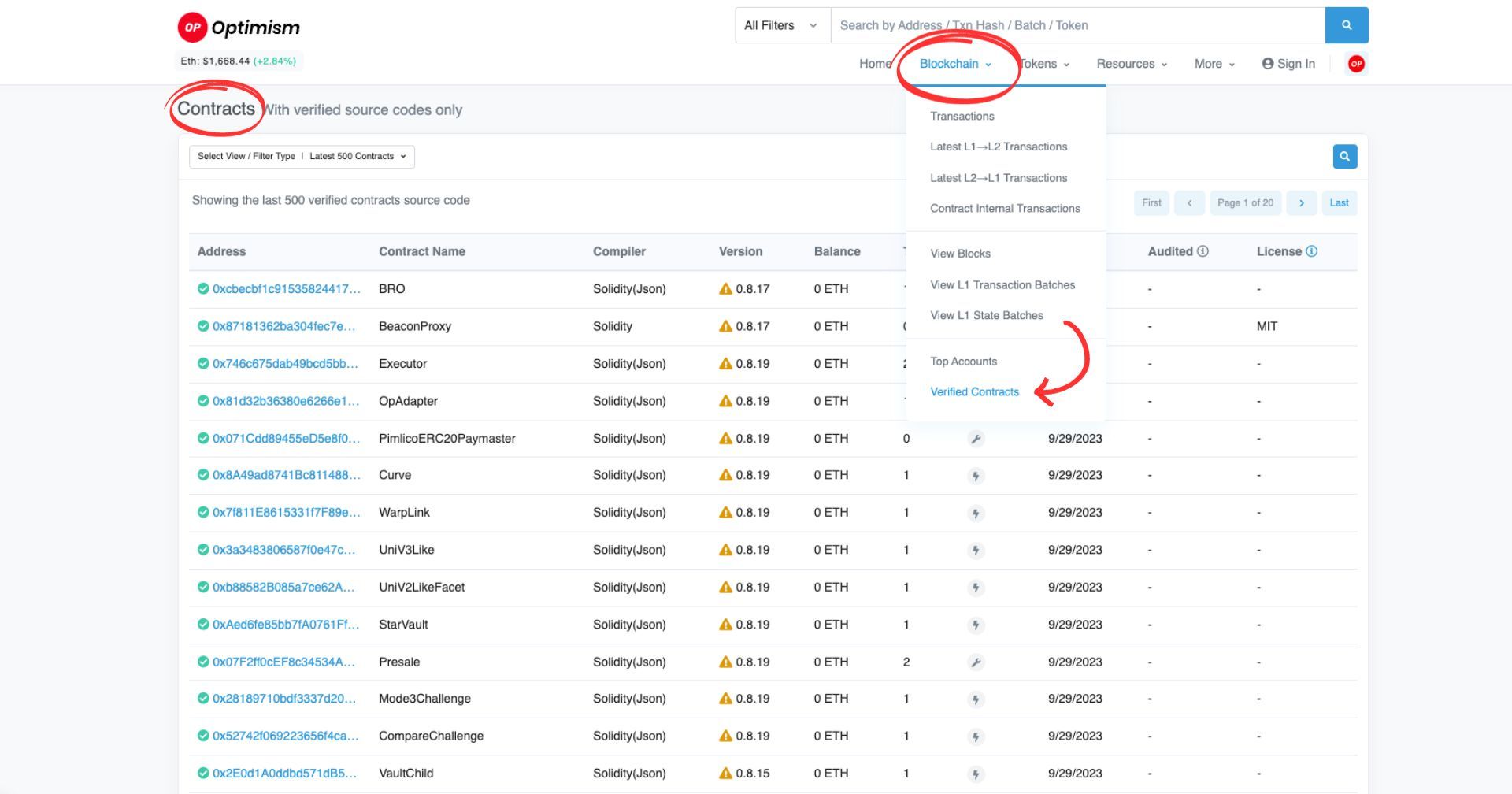 Verified contracts page on Optimistic Explorer