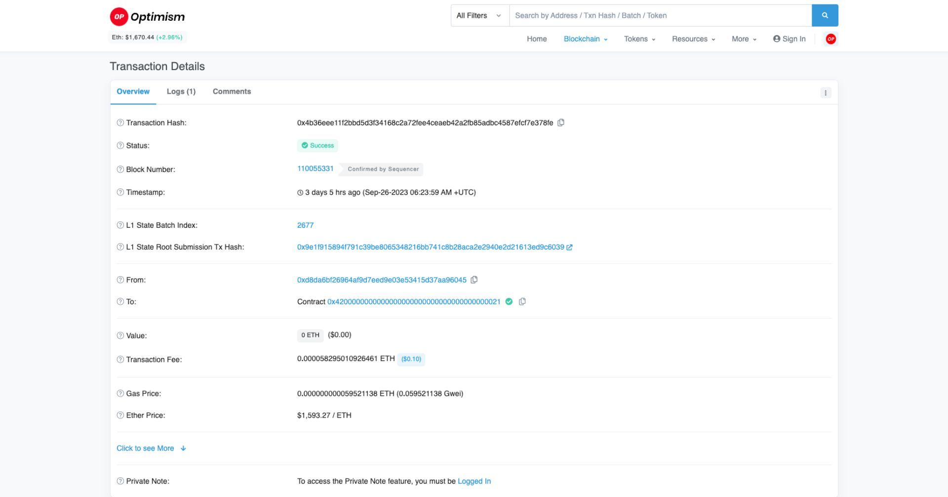 Transaction Details page on Optimistic Explorer