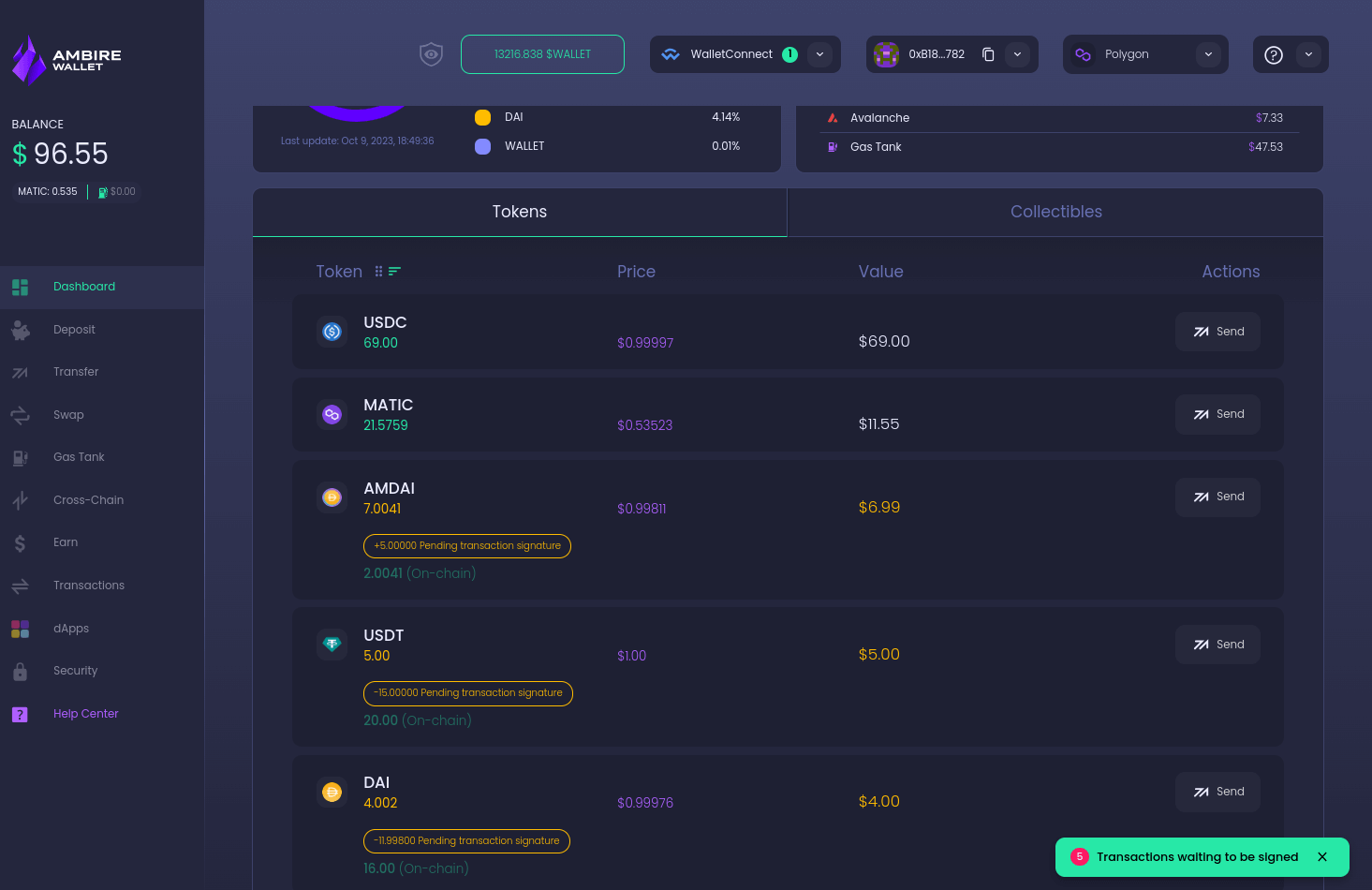 The transcation simulation feature in Ambire Walllet showing future balances after the pending transactions are signed