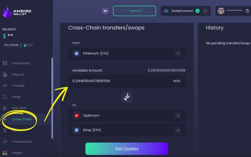 The built in Cross-Chain feature of Ambire Wallet