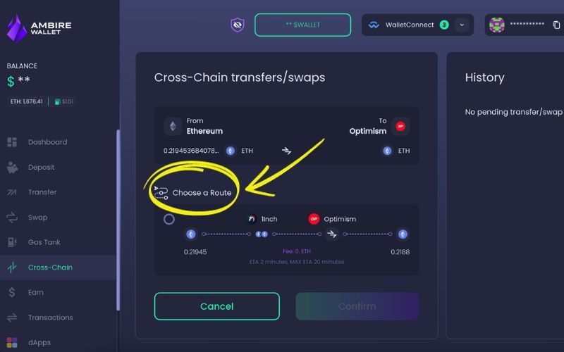 In Ambire Wallet, you can select your preferred route for crypto-bridging