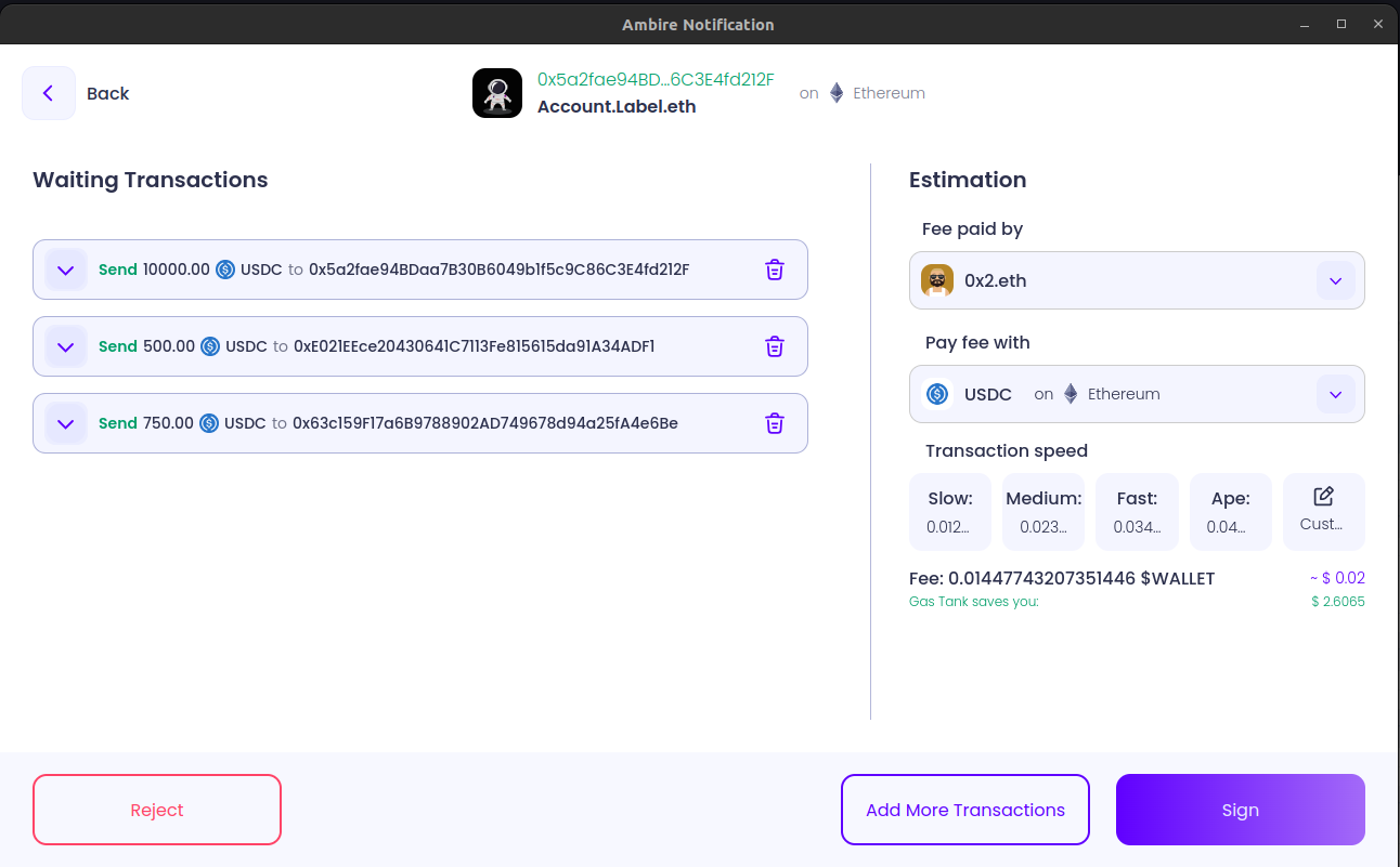  A preview of batched transactions in the Ambire Wallet Extension