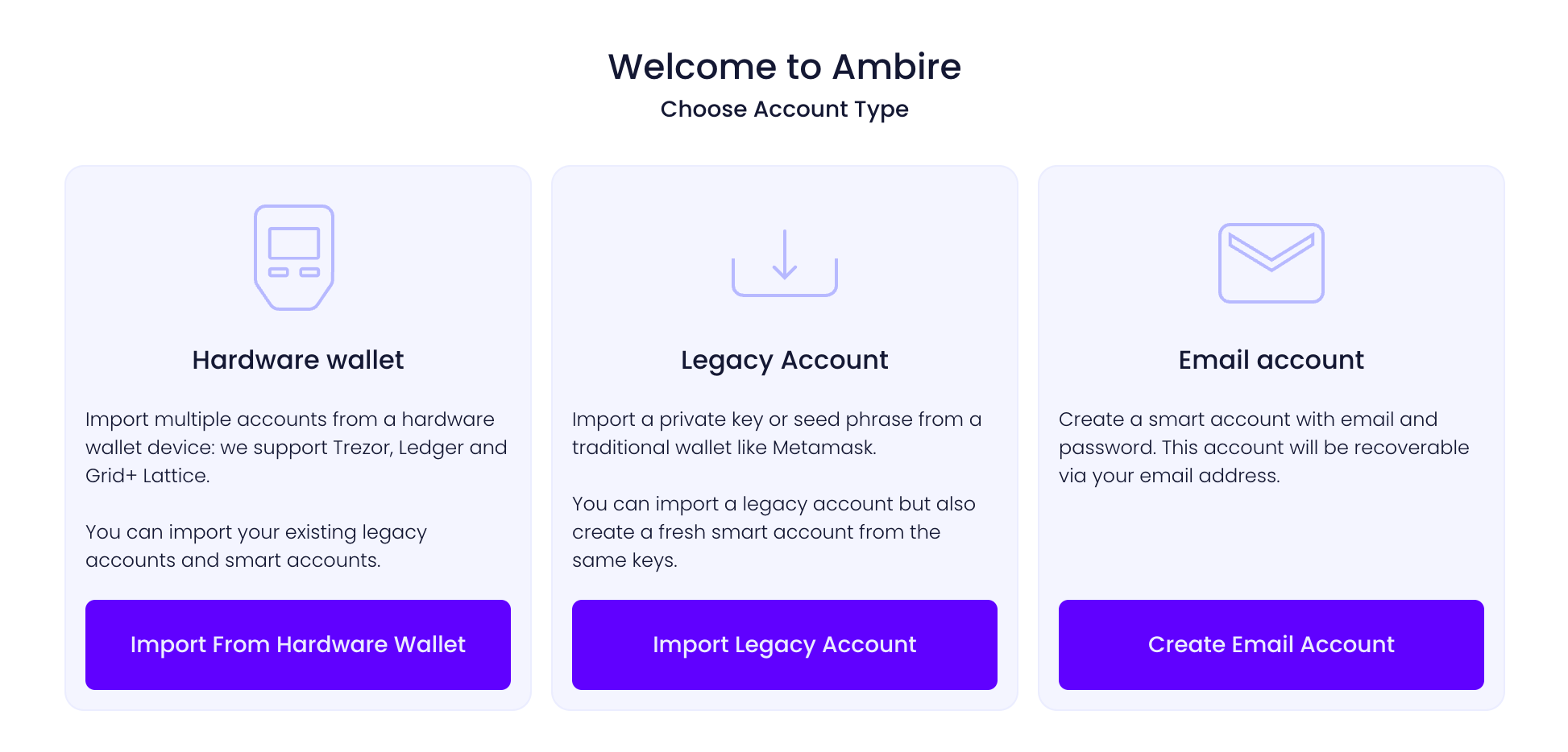 The three options to create an account for the Ambire Wallet extension