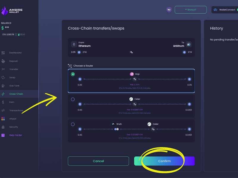 Choosing a briding route from Ethereum to Arbitrum in Ambire Wallet