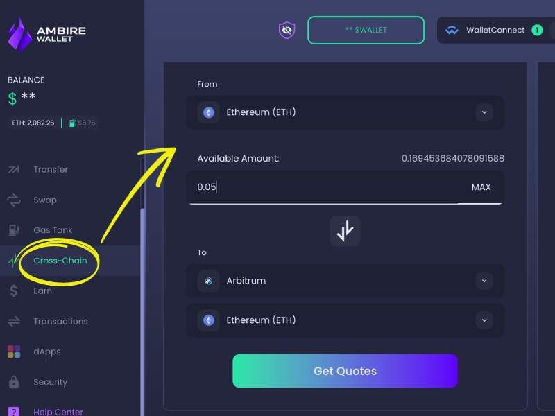 The Cross-Chain tab in Ambire Wallet showing the step before getting bridging quotes