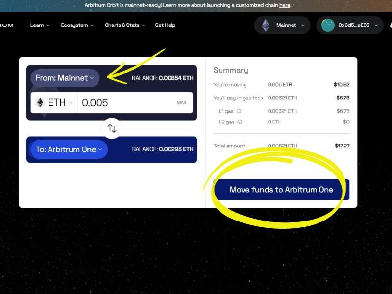 Select token amount, the outgoing network and move funds to it on the Arbitrum Bridge