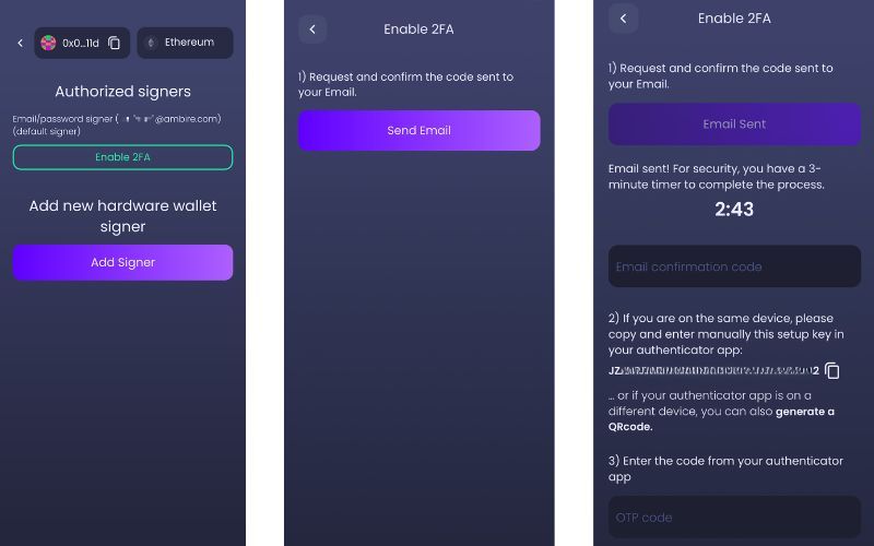 Screens showing 2FA activation process in Ambire Wallet mobile app