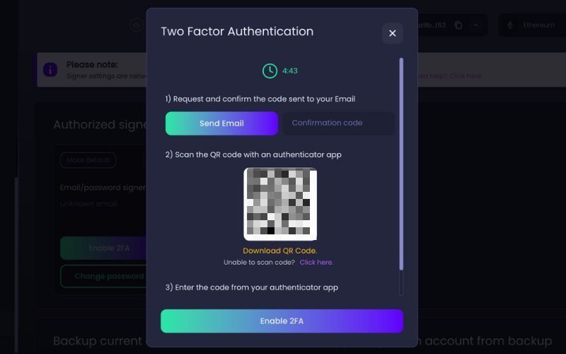 Confirm email code and scan QR code for 2FA activation in Ambire Wallet