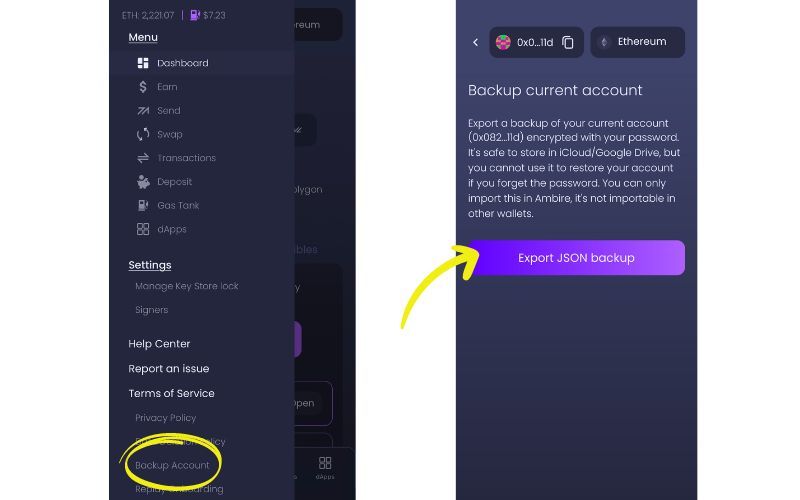 Backing up Web3 account by downloading a JSON file on Amnbire Wallet mobile app