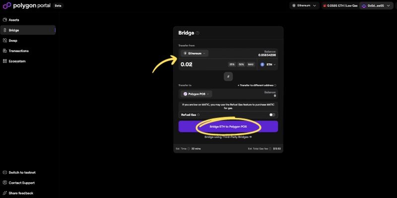 Selecting the token, token amount, and the Polygon bridge on the Polygon Portal