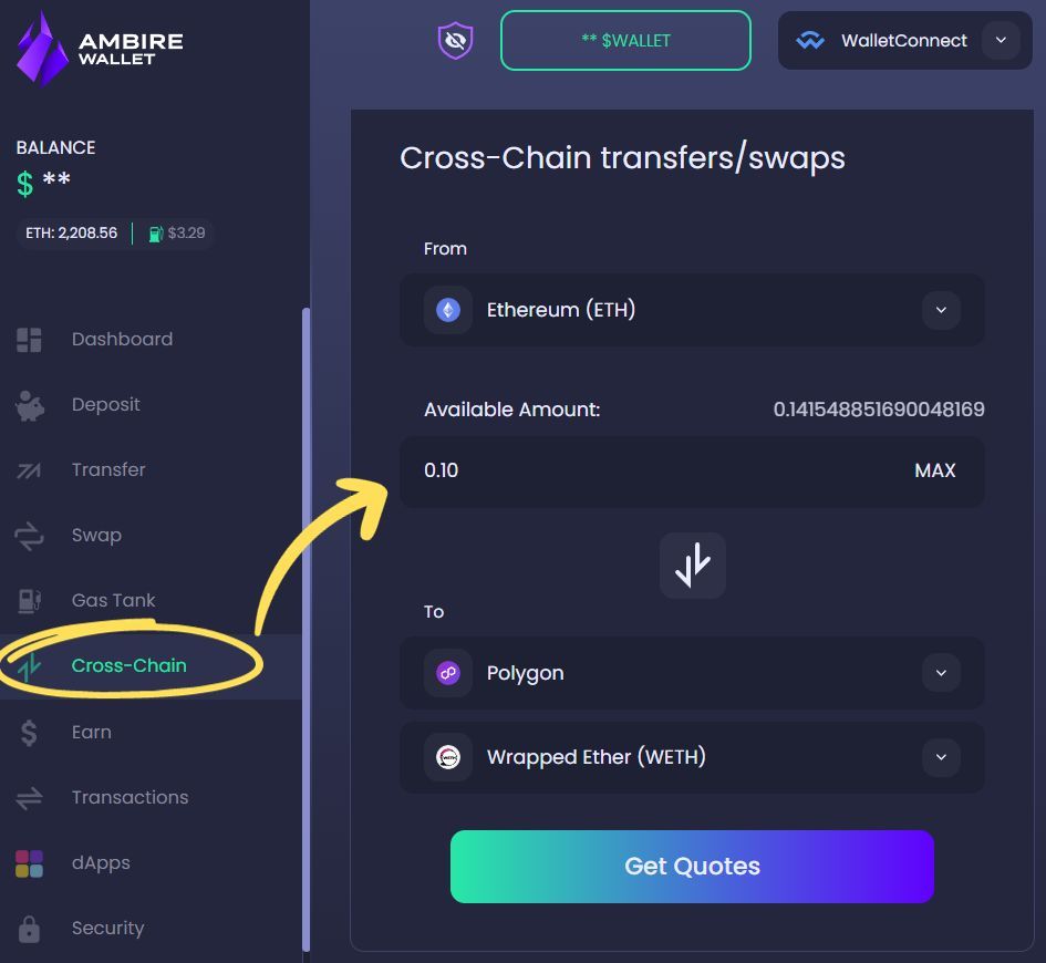 Ambire Wallet's Cross-Chain tab displaying some Ether about to be bridged to Polygon