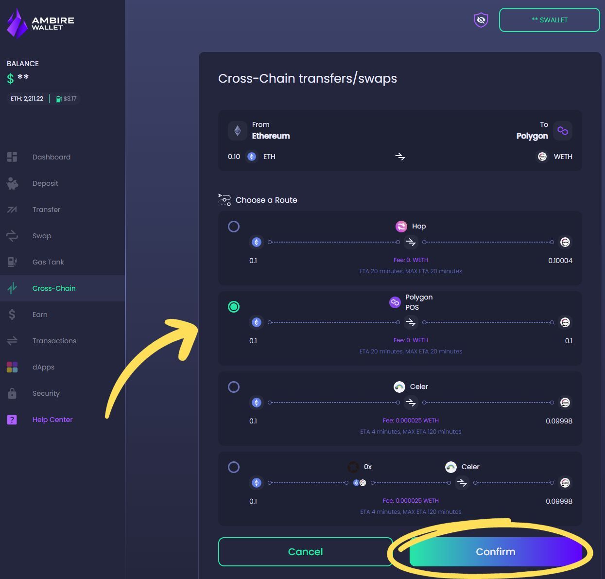 Choosing the best route for the briding of tokens and confirming the transaction