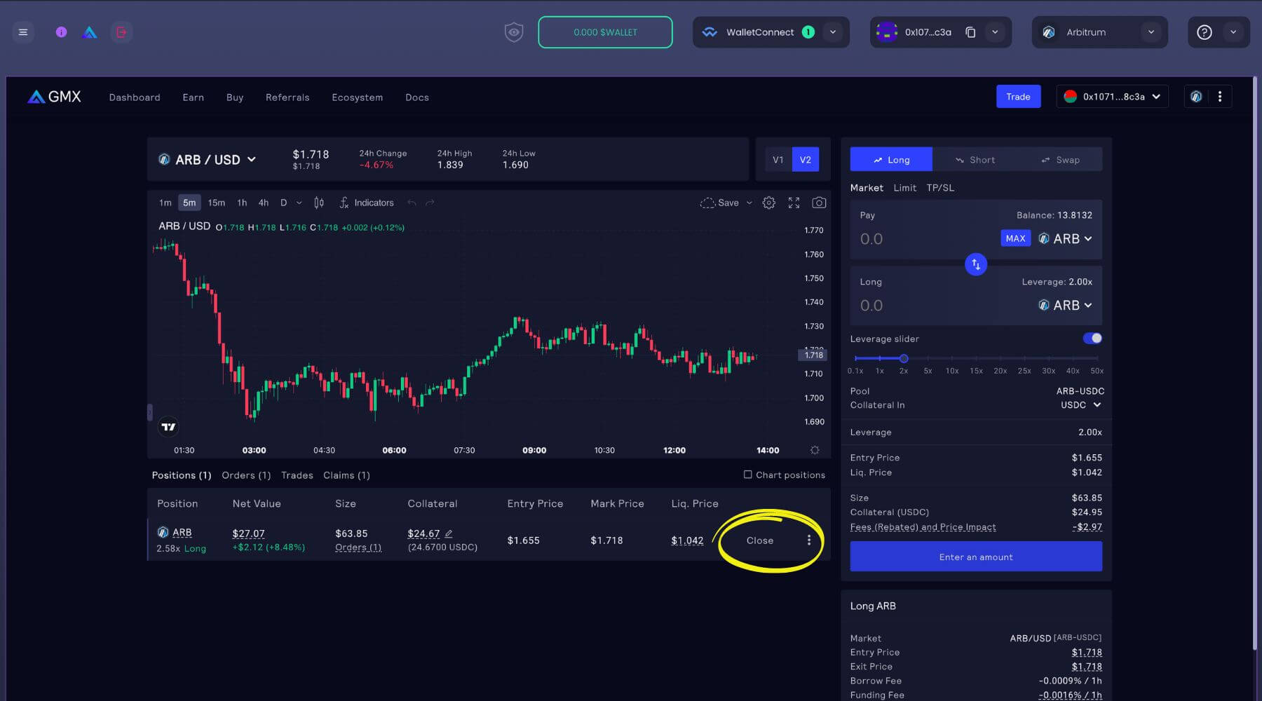 Initiating a close on a position on GMX