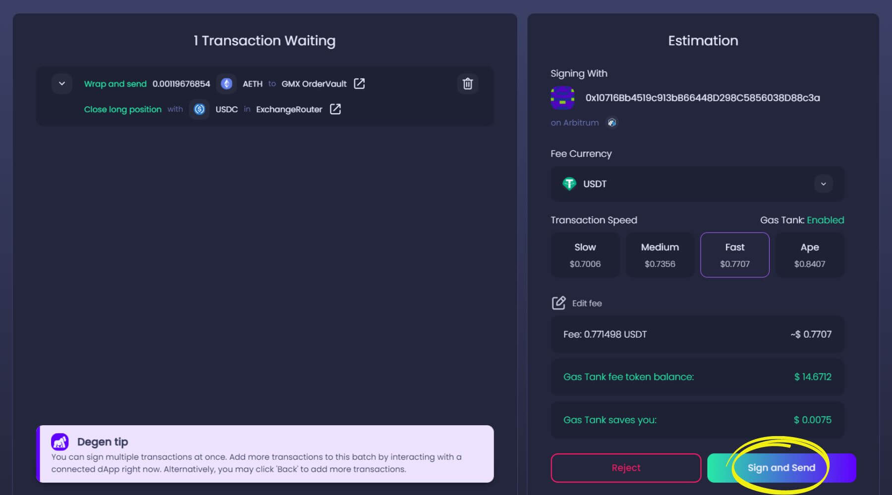 Singing the closing position's transactions in the Ambire Wallet