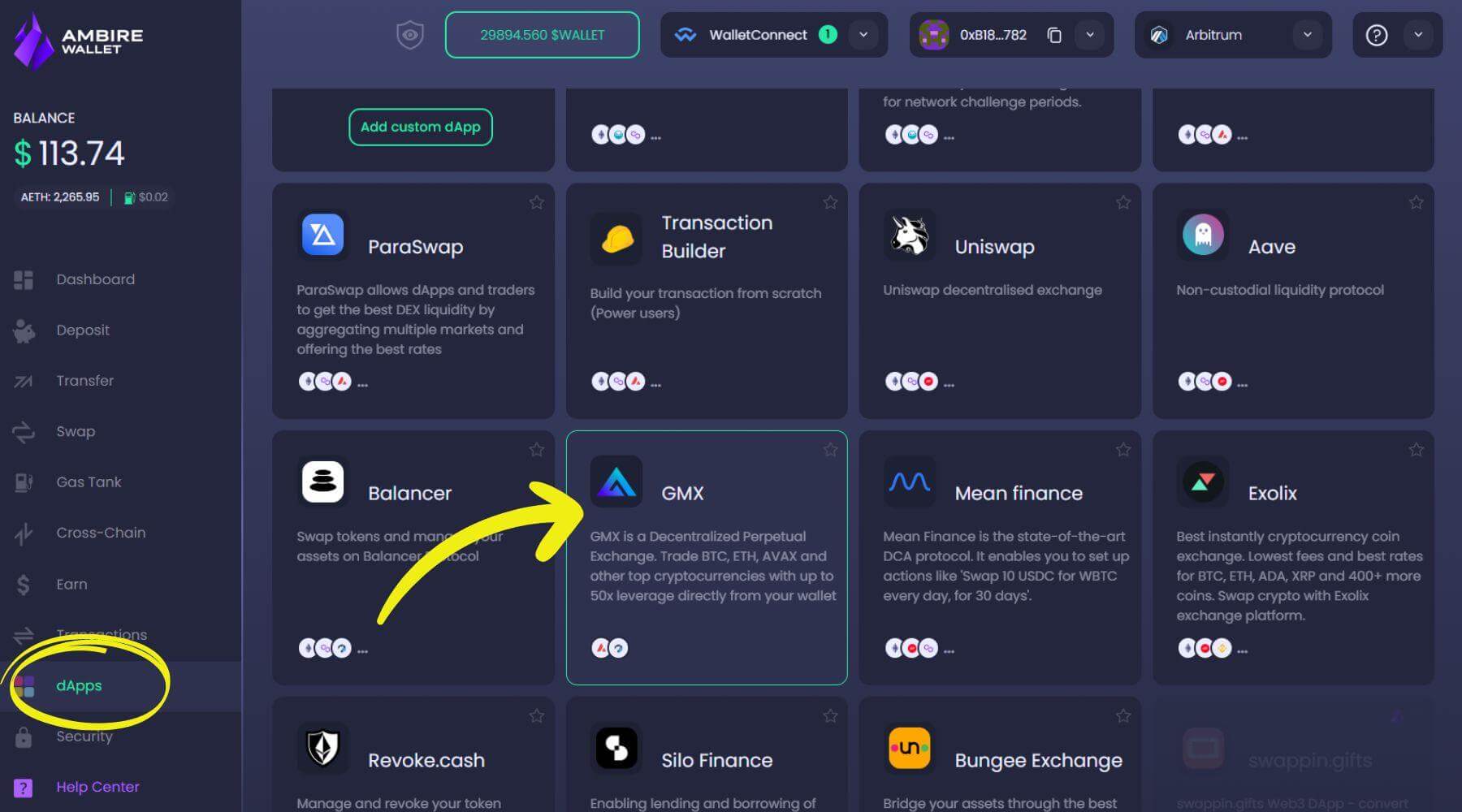 GMX dApp built-in in Ambire Wallet's dApp catalog