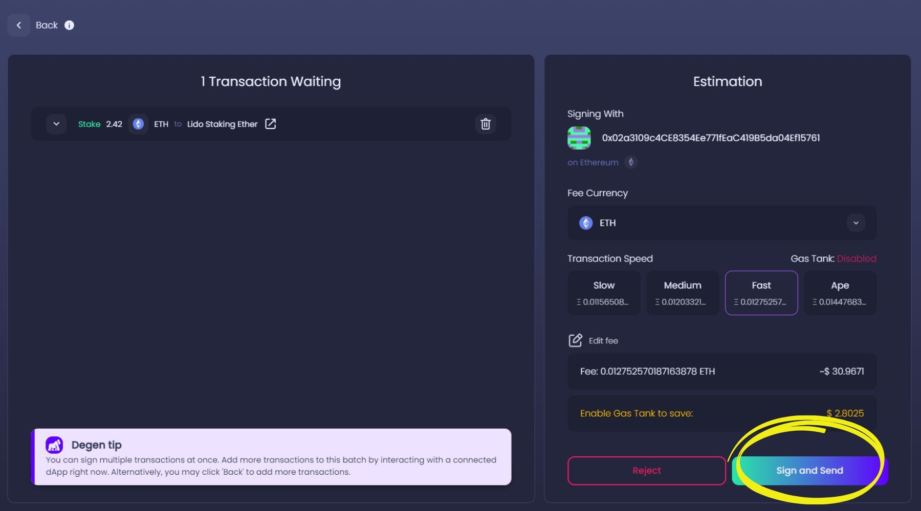 Signing and sending the stake in Ambire Wallet