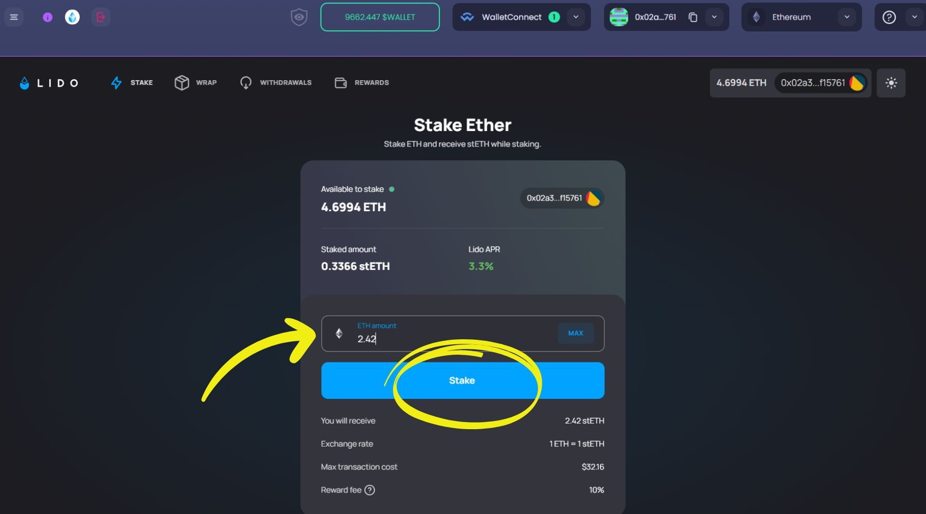 Selecting a staking amount and confirming the action on Lido