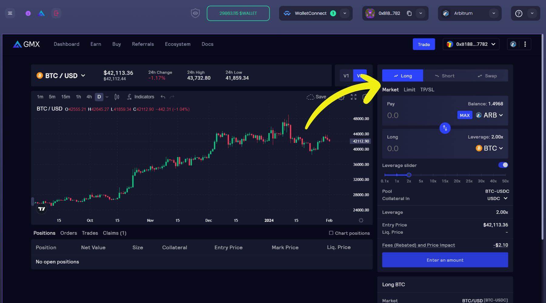 Opeing a long or short position on GMX