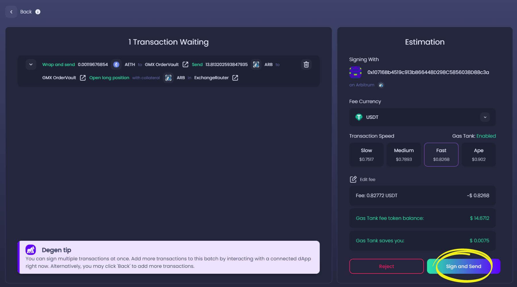 Signing a position's transaction created on GMX with Ambire Wallet