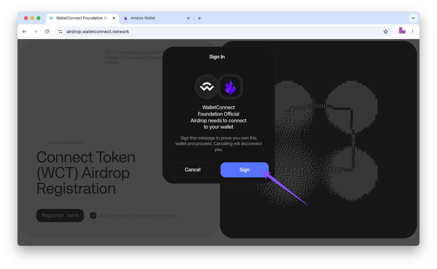 Sign message modal on the Connect Token (WCT) airdrop page